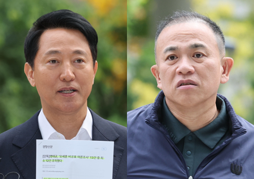 8일 '여론조사비 대납 의혹'을 수사하는 민중기 특별검사팀의 사무실에 출석한 오세훈 서울시장과 명태균씨 [사진=연합뉴스]