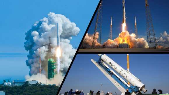 우리나라는 나로호(오른쪽 아래)를 시작으로 지난해 6월 한국형발사체 누리호(왼쪽), 지난해 8월 우리나라 달 탐사선 다누리(오른쪽 위) 발사 성공의 성과를 거뒀다. 이 같은 성과에도 항우연 조직개편 논란, 우항청 설립을 두고 혼란 등이 이어지면서 우주정책이 제대로 가고 있는 것인지 의문이 제기되고 있다. [사진=과기정통부/항우연/스페이스X]