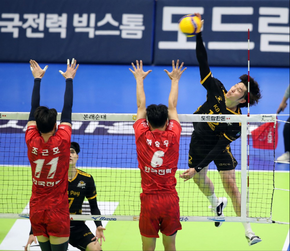 KB손해보험 선수들이 17일 열린 한국전력과 원정 경기 도중 공격 득점을 올린 뒤 환호하고 있다. [사진=발리볼코리아닷컴]