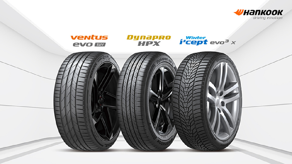 (왼쪽부터)벤투스 에보 SUV, 다이나프로 HPX, 윈터 아이셉트 에보3 X. [사진=한국타이어앤테크놀로지]