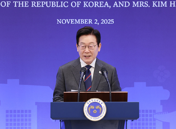 이재명 대통령이 2일 용산 대통령실에서 열린 한-싱가포르 공식오찬에서 발언하고 있다. 2025.11.2 [사진=연합뉴스]