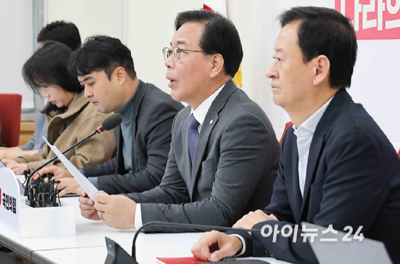 송언석 국민의힘 원내대표가 18일 국회에서 열린 현안 관련 기자간담회에서 발언을 하고 있다. [사진=곽영래 기자]